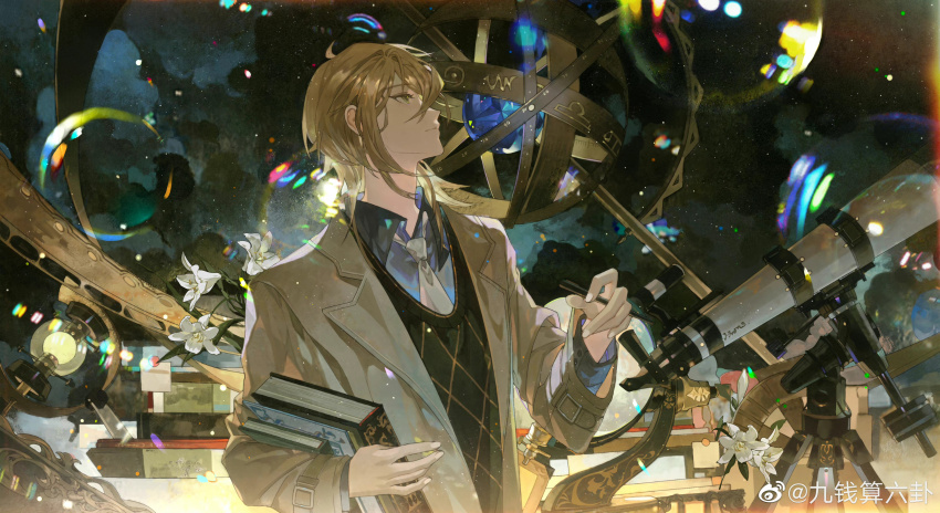 1boy absurdres alkaid_mcgrath armillary_sphere between_fingers black_sweater_vest blonde_hair blue_shirt book book_stack brown_jacket bubble closed_mouth cloud collared_shirt flower globe green_eyes hair_between_eyes highres holding holding_book holding_pen jacket lapels lily_(flower) long_sleeves looking_up lovebrush_chronicles male_focus medium_hair necktie night notched_lapels observatory pen profile shachang shirt sky solo star_(sky) starry_sky sweater_vest telescope upper_body watermark weibo_watermark white_flower white_lily white_necktie