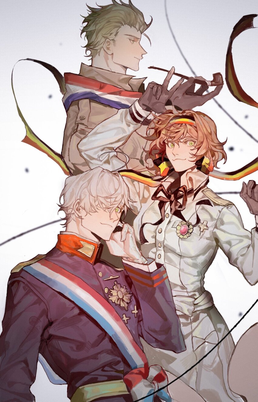 1girl 2boys axis_powers_hetalia belgian_flag belgium_(hetalia) blonde_hair blue_eyes brooch brother_and_sister brothers brown_hair dress dutch_flag gloves green_eyes hair_over_one_eye hair_ribbon hair_slicked_back hairband hei_hei_shao_jiang highres holding holding_smoking_pipe jacket jewelry long_sleeves looking_at_viewer looking_to_the_side luxembourg_(hetalia) luxembourg_flag medal military_jacket military_uniform multiple_boys netherlands_(hetalia) profile ribbon sash scarf short_hair siblings simple_background smile smoking_pipe spiked_hair white_background