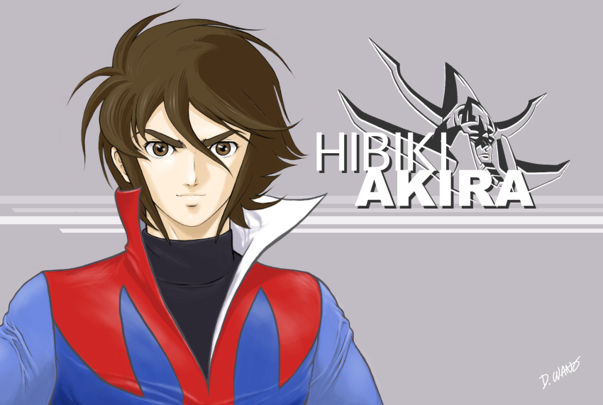 1970s_(style) 1boy artist_name banpresto brown_eyes brown_hair character_name detwang eyebrows head hibiki_akira high_collar highres logo male_focus mecha oldschool raideen_(mecha) raideen_(series) retro_artstyle robot short_hair solo super_robot_wars uniform yuusha_raideen