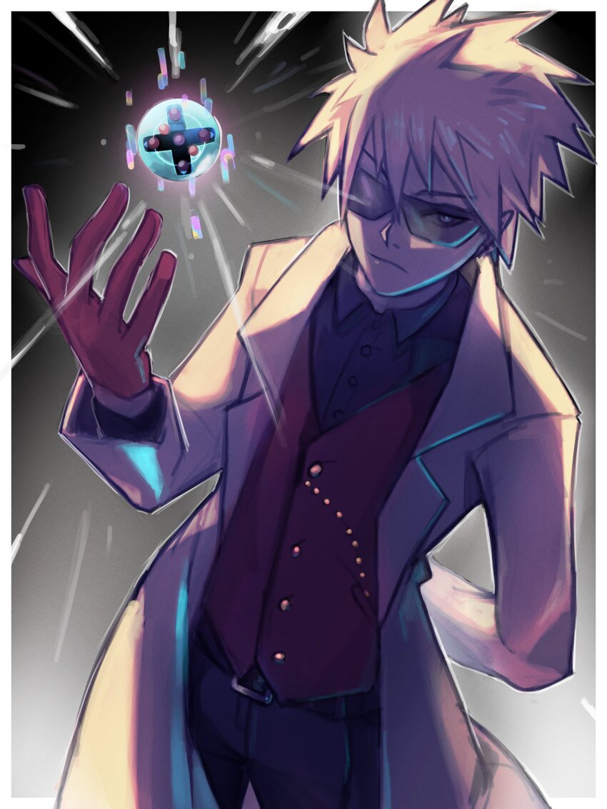 1boy absurdres arupg black_shirt border coat cool_boy_(digimon) cowboy_shot digimon digimon_card_game digimon_liberator glowing gradient_background grey_hair highres male_focus red_vest shirt short_hair solo sunglasses vest white_border white_coat x-antibody