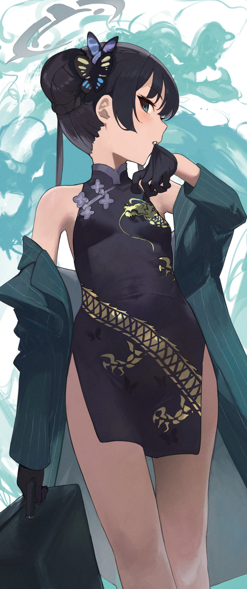 024th 1girl absurdres biting black_dress black_gloves black_hair blue_archive breasts butterfly_hair_ornament china_dress chinese_clothes coat commentary dress biting_glove gloves hair_bun hair_ornament highres kisaki_(blue_archive) long_sleeves off_shoulder open_clothes open_coat parted_lips profile sleeveless sleeveless_dress small_breasts solo