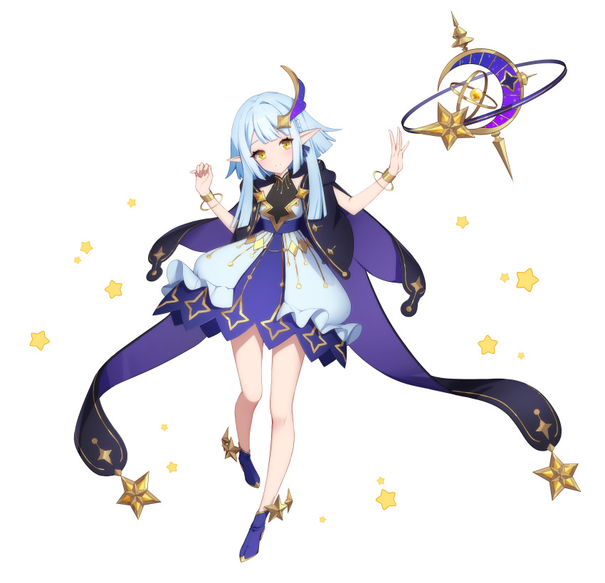 1girl absurdres bare_arms bare_legs bare_shoulders blue_cloak blue_dress blue_footwear blue_hair blunt_bangs blunt_ends blush bracelet cloak crescent dress eversoul frilled_skirt frills full_body game_cg hair_ornament highres jewelry looking_to_the_side official_art orb parted_lips pointy_ears ribbon short_hair skirt sleeveless sleeveless_dress solo star_(symbol) tachi-e talia_(eversoul) transparent_background turtleneck turtleneck_dress two-tone_dress yellow_eyes