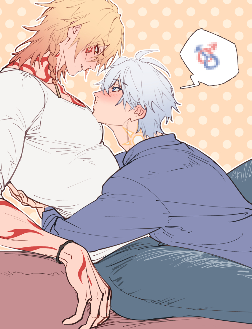 2boys antenna_hair arm_support arm_tattoo blonde_hair blue_eyes blue_shirt blush censored chest_tattoo chinese_commentary collared_shirt commentary_request denim face_to_pecs facial_tattoo from_side gradient_hair highres honkai:_star_rail honkai_(series) jeans large_pectorals long_sleeves looking_at_another male_focus multicolored_hair multiple_boys mydei_(honkai:_star_rail) nlllllllll0216 pants pectoral_pillow pectorals phainon_(honkai:_star_rail) polka_dot polka_dot_background pout red_hair red_tattoo sexually_suggestive shirt short_hair sitting sun_symbol sun_tattoo tan tattoo toned toned_male white_hair white_shirt yaoi yellow_background yellow_eyes