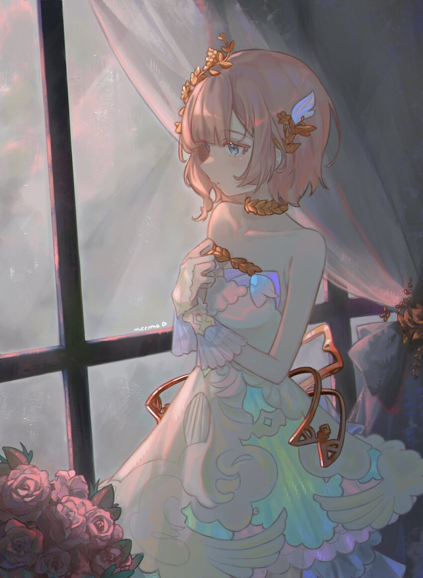 1girl alternate_costume atelier_(series) atelier_rorona blue_eyes closed_mouth collarbone commentary dress highres looking_ahead neema_(oneemasan) no_headwear pink_hair rorolina_frixell solo standing strapless strapless_dress window