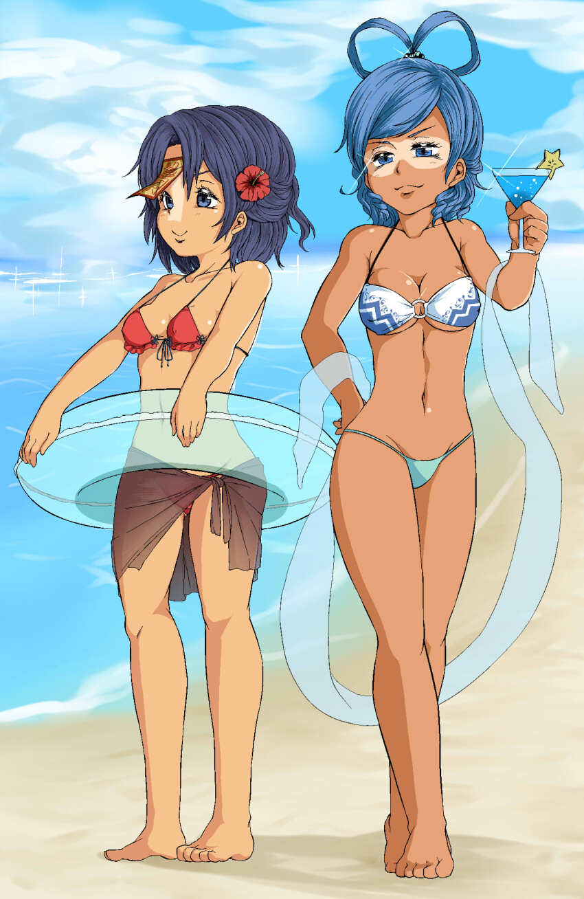 2girls alternate_costume barefoot beach bikini blue_bikini blue_eyes blue_hair blue_innertube blue_sky breasts brown_sarong cleavage closed_mouth cocktail cocktail_glass crossed_legs cup drinking_glass flower hair_flower hair_ornament hair_rings hibiscus highres holding holding_cup jiangshi kaku_seiga medium_breasts miyako_yoshika multiple_girls navel ocean ofuda outdoors outstretched_arms parted_bangs red_bikini red_flower sarong shika_miso short_hair sky smile standing swimsuit tan tanline touhou water watson_cross zombie_pose