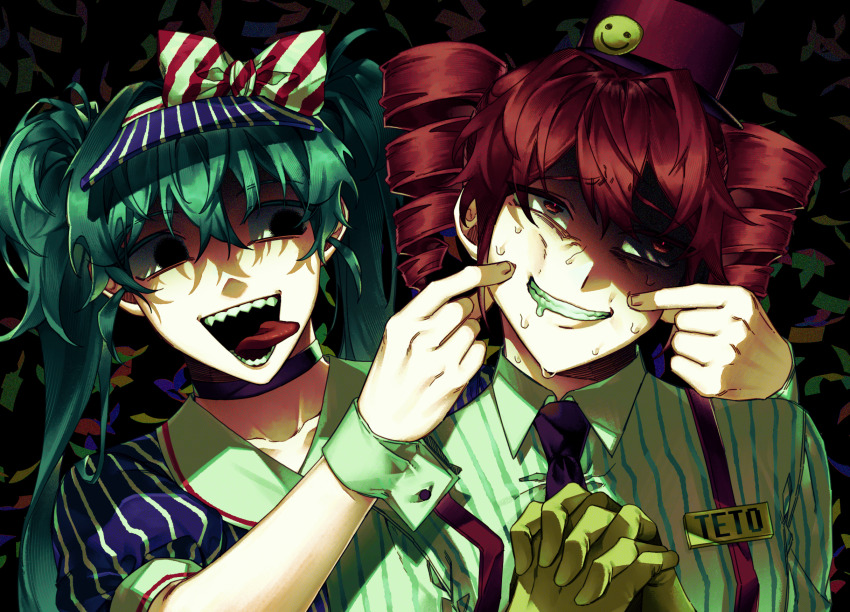 2girls androgynous aqua_hair black_background black_eyes black_necktie blue_hair bow cheek_pinching collarbone collared_dress collared_shirt commentary confetti diagonal-striped_bow dress drill_hair flat_chest grin hair_between_eyes hands_up hat hat_bow hatsune_miku highres interlocked_fingers kasane_teto kepi kimiseung08 looking_at_another mesmerizer_(vocaloid) military_hat multiple_girls necktie own_hands_together pinching pinstripe_dress pinstripe_hat pinstripe_pattern puffy_short_sleeves puffy_sleeves red_bow red_eyes red_hair red_hat sailor_collar saliva shaded_face sharp_teeth shirt short_sleeves smile smiley_hat_ornament solid_circle_eyes striped_clothes striped_shirt suspenders sweat teeth tongue tongue_out twin_drills two-tone_bow upper_body utau vocaloid white_bow white_sailor_collar white_wrist_cuffs wing_collar wrist_cuffs