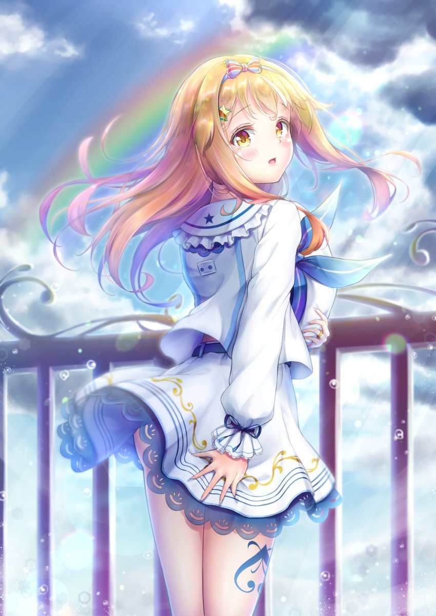 1boy ass beret blonde_hair blouse blue_sky blush from_behind hat highres leg_tattoo long_hair looking_at_viewer looking_back natsusora_wakana no_panties novady open_mouth original rainbow shiny_skin shirt skirt sky solo tattoo trap