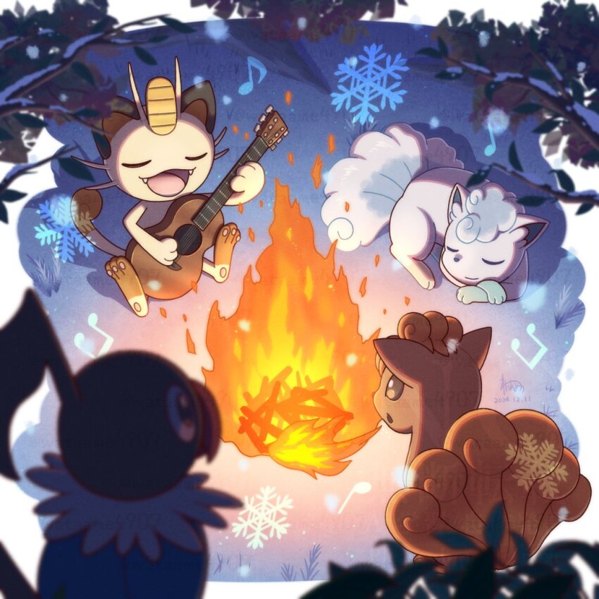 alolan_form alolan_vulpix branch campfire chatot closed_eyes gen_1_pokemon gen_4_pokemon gen_7_pokemon guitar instrument meowth music nintendo no_humans on_ground open_mouth playing_instrument pokemon pokemon_(creature) singing sitting snow snowflakes snowing vulpix wataame4907