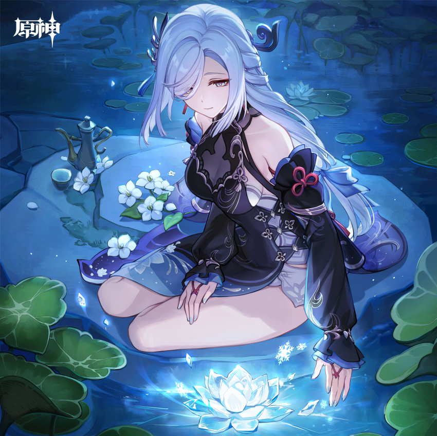 1girl absurdres bare_shoulders black_dress black_sleeves breasts china_dress chinese_clothes closed_mouth dress eyes_visible_through_hair flower genshin_impact grey_hair hair_over_one_eye highres long_hair official_alternate_costume official_alternate_hairstyle official_art outdoors shenhe_(frostflower_dew)_(genshin_impact) shenhe_(genshin_impact) sideboob sideless_dress sleeveless sleeveless_dress smile solo white_flower
