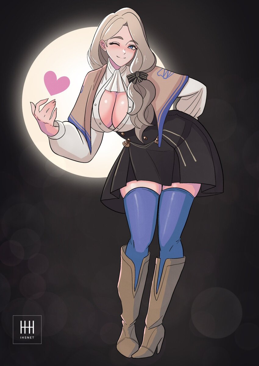 1girl artist_name black_skirt blonde_hair blue_eyes blue_thighhighs blush boots bow breasts cleavage closed_mouth commentary commission english_commentary fire_emblem fire_emblem:_three_houses garreg_mach_monastery_uniform hair_bow hair_over_shoulder heart highres ihsnet large_breasts long_hair long_sleeves looking_at_viewer low_ponytail mercedes_von_martritz nintendo one_eye_closed open_clothes open_shirt ponytail shirt skirt smile solo thighhighs white_shirt