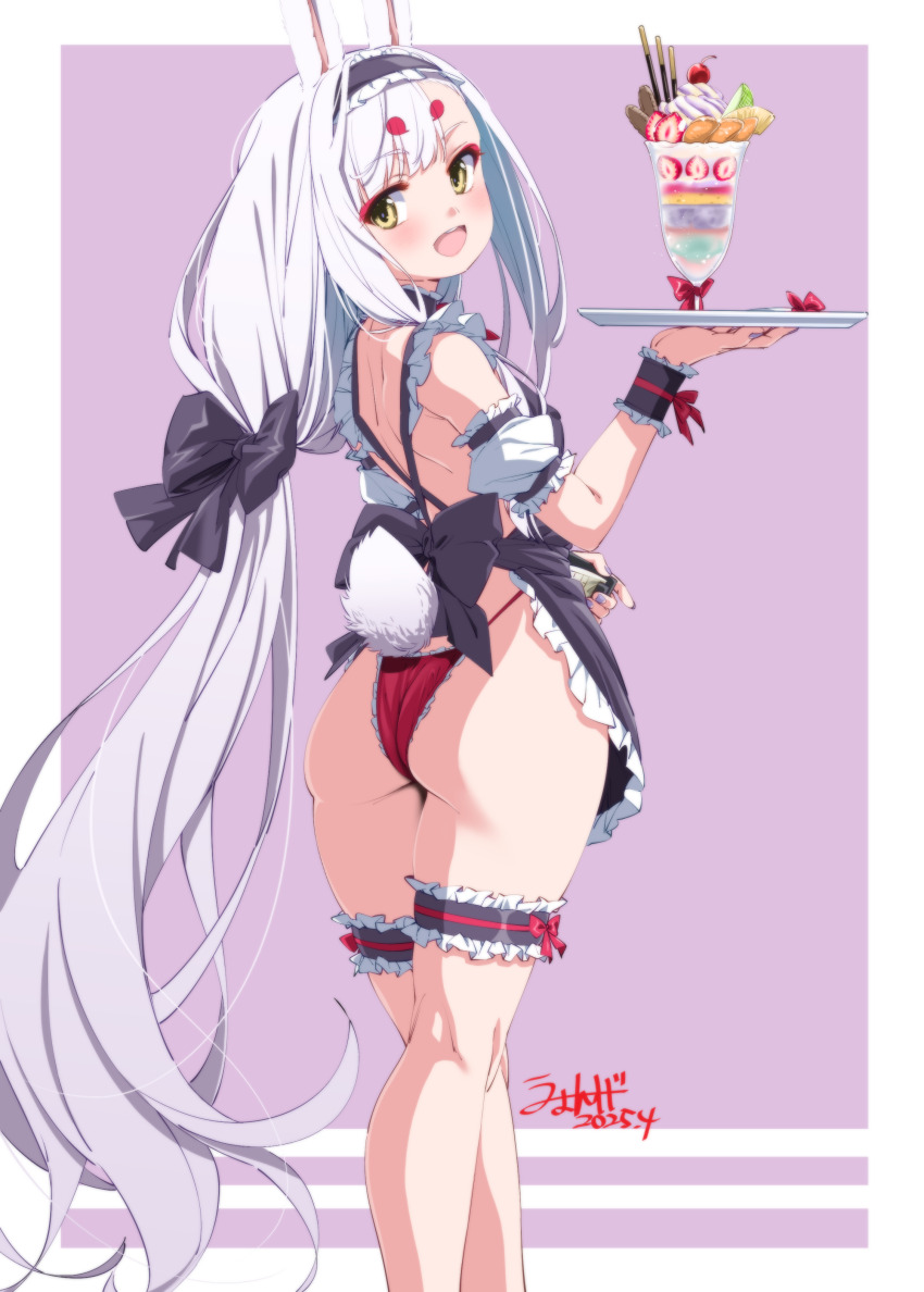 1girl absurdres animal_ears ass azur_lane black_dress black_ribbon blush brown_eyes clothes_lift dress dress_lift food from_behind fruit garter_straps hairband highleg highleg_panties highres ice_cream kneepits long_hair looking_back open_mouth panties ponytail rabbit_ears rabbit_girl rabbit_tail red_panties ribbon shimakaze_(azur_lane) short_dress smile solo standing strawberry sundae tail thighs tray umyonge_(lkakeu) underwear very_long_hair waitress whipped_cream white_hair