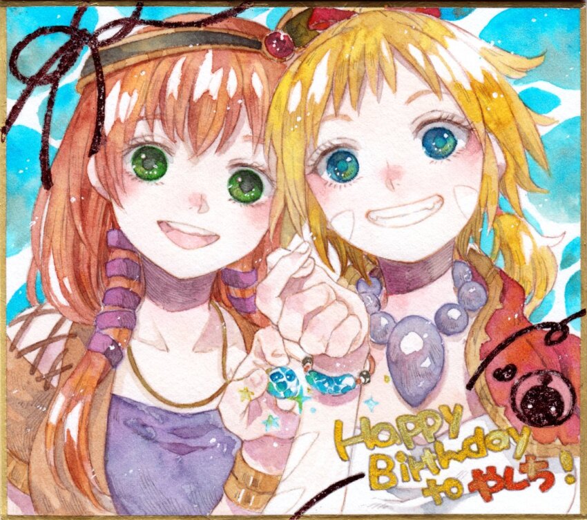 2girls bead_necklace beads black_hairband blonde_hair blue_eyes blush bracelet chrono_cross commentary_request green_eyes grin hairband happy_birthday jewelry kid_(chrono_cross) leena_(chrono_cross) long_hair looking_at_viewer multiple_girls necklace open_mouth orange_hair round_teeth short_bangs sidelocks smile teeth tokio_(okt0w0) traditional_media upper_body upper_teeth_only