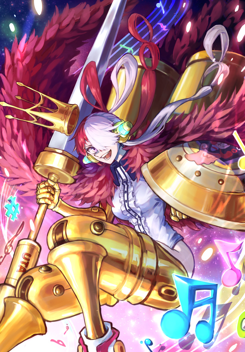 absurdres armor armored_boots behind-the-head_headphones boots buckler center_frills collared_leotard crown feet_out_of_frame frills full_body gauntlets gold_armor gold_boots gold_crown hair_over_one_eye hair_rings headphones highres holding holding_polearm holding_shield holding_weapon lance leotard lin_(cloverholic) looking_at_viewer multicolored_hair musical_note musical_staff one_piece one_piece_film:_red open_mouth polearm purple_eyes red_hair shield simple_background smile solo split-color_hair teeth twintails two-tone_hair upper_teeth_only uta_(one_piece) weapon white_hair white_leotard