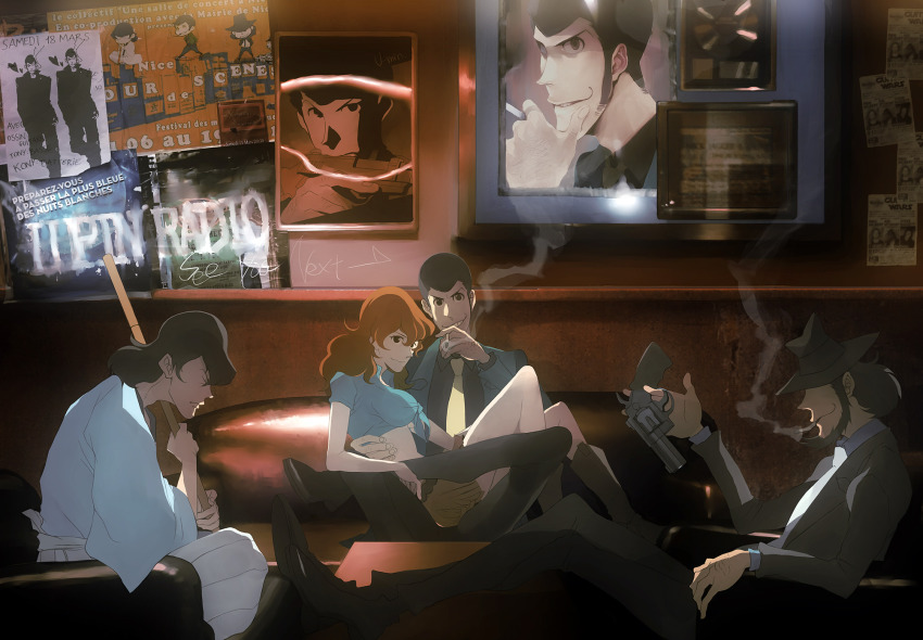 1girl 3boys arsene_lupin_iii beard boots cigarette crop_top facial_hair faddawdle fedora formal_clothes french_text front-tie_top green_jacket gun handgun hat highres ishikawa_goemon_xiii jacket jigen_daisuke long_hair lupin_iii midriff mine_fujiko multiple_boys necktie red_hair revolver shirt sideburns skirt smile smoking suit tied_shirt tms_entertainment weapon yellow_necktie