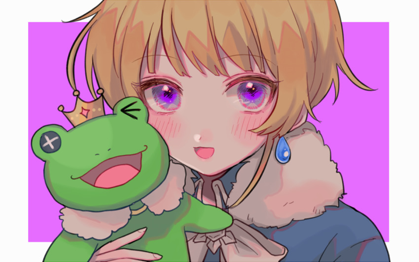 1boy 382 blonde_hair blue_shirt border cape earrings fur-trimmed_cape fur_trim idolmaster idolmaster_side-m jewelry kaerre looking_at_viewer male_focus open_mouth pierre_bichelberger purple_background purple_eyes shirt short_hair smile solo white_border white_cape