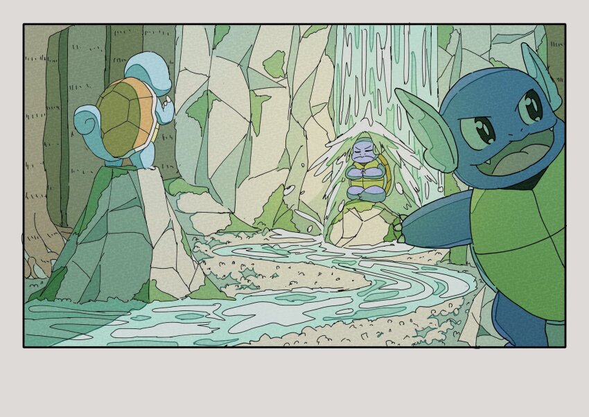 black_eyes border evolutionary_line game_freak gen_1_pokemon highres nintendo no_humans on_rock onamuzi_illust outdoors pokemon pokemon_(creature) rock shell sitting squirtle standing_on_rock stream tail turtle wartortle water waterfall waterfall_shower white_border