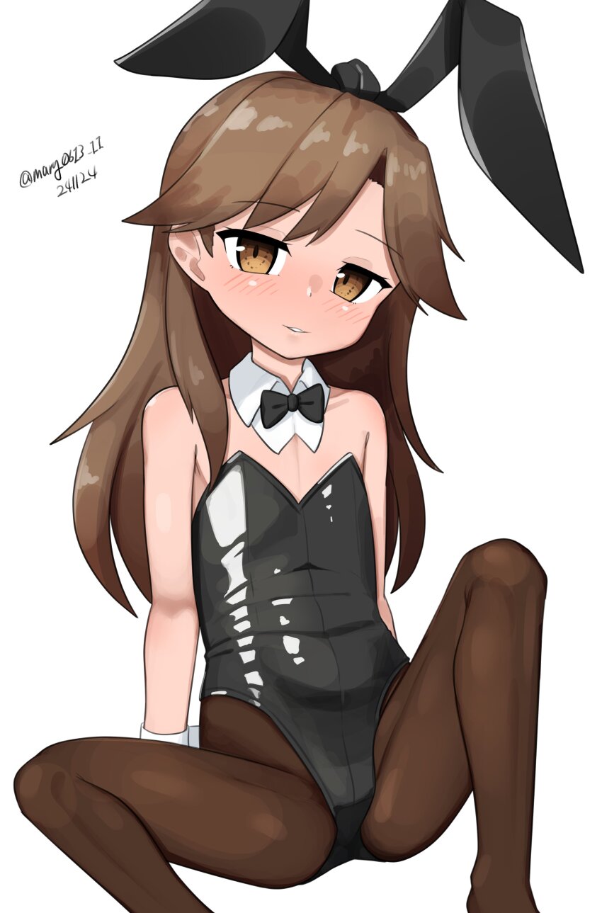 1girl absurdres alternate_costume animal_ears arashio_(kancolle) black_bow black_bowtie black_leotard black_pantyhose bow bowtie brown_eyes brown_hair cameltoe dated detached_collar fake_animal_ears feet_out_of_frame flat_chest highres kantai_collection leotard long_hair m_legs maru_(marg0613) one-hour_drawing_challenge pantyhose playboy_bunny rabbit_ears rabbit_tail simple_background sitting smile solo spread_legs strapless strapless_leotard tail twitter_username white_background wrist_cuffs