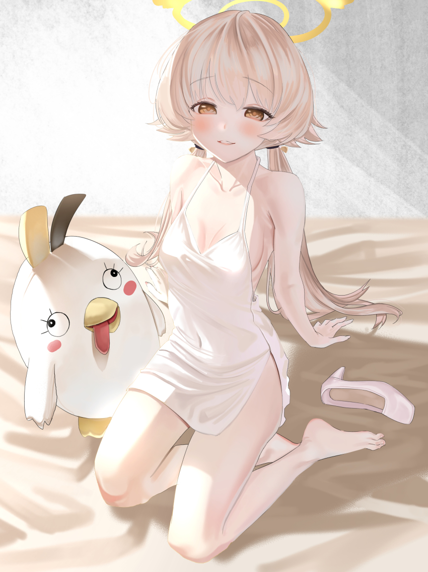 1girl absurdres barefoot blue_archive blush breasts brown_eyes camisole collarbone covered_navel hair_between_eyes halo haoma hifumi_(blue_archive) high_heels highres light_brown_hair long_hair looking_at_viewer low_twintails open_mouth peroro_(blue_archive) shoes sideboob small_breasts smile solo toes twintails unworn_shoes white_camisole white_shoes yellow_halo