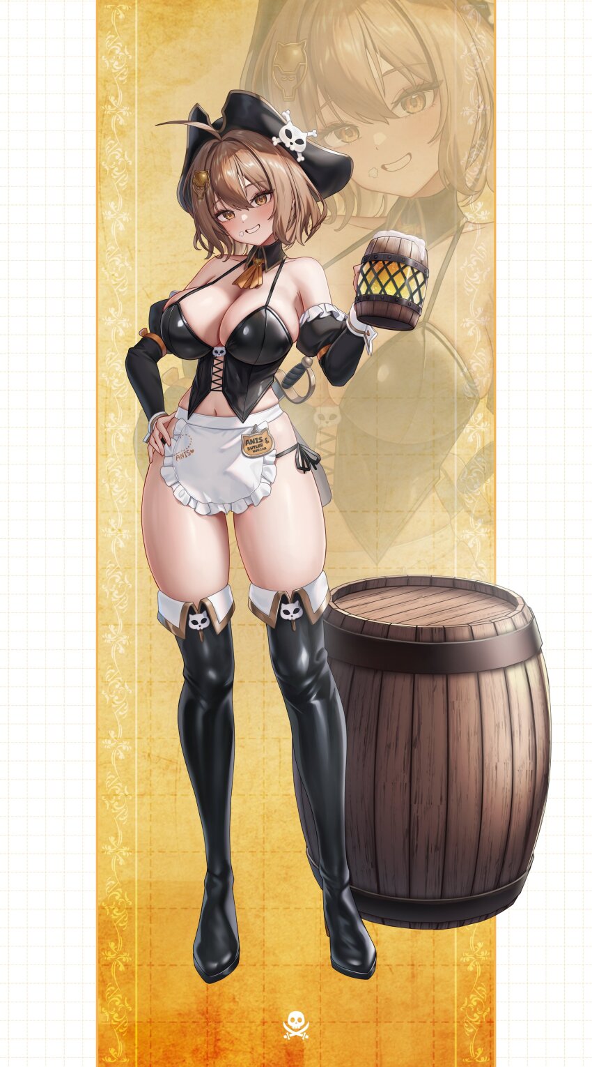 1girl absurdres alternate_costume anis_(nikke) apron bare_shoulders barrel black_footwear black_hat blush boots borrowed_clothes breasts brown_eyes brown_hair commentary_request cup detached_sleeves full_body goddess_of_victory:_nikke hand_on_own_hip hat highres holding large_breasts long_sleeves looking_at_viewer mast_(nikke) mast_(romantic_maid)_(nikke) mug navel navel_peek parted_lips pirate_hat rapier short_hair smile standing subob_(subobdesu) sword thigh_boots thighs weapon white_apron