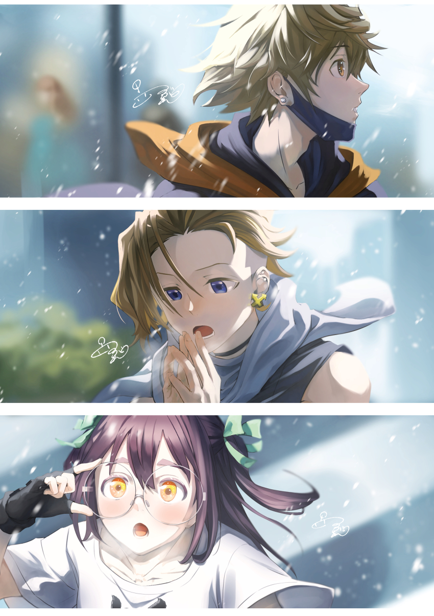 1girl 2boys absurdres black_coat black_gloves black_mask black_vest blonde_hair blue_eyes blush breath brown_eyes brown_hair coat ear_piercing earrings face_mask fingerless_gloves furesawa_tosai glasses gloves green_ribbon grey_scarf hair_ribbon highres hood hoodie jewelry kanade_rindo long_hair mask mouth_mask multiple_boys orange_eyes orange_hoodie outdoors piercing purple_hair ribbon round_eyewear scarf shin_subarashiki_kono_sekai shirt snow snowing subarashiki_kono_sekai tsubuan_(itobell) twintails undercut upper_body usui_nagi vest white_shirt