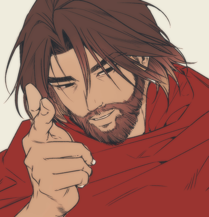 1boy arm_up beard brown_eyes brown_hair byeolangwi58526 cassidy_(overwatch) commentary_request curtained_hair facial_hair finger_gun grey_background highres korean_commentary looking_to_the_side male_focus overwatch parted_lips red_shirt shirt sideways_glance simple_background smile solo teeth upper_body