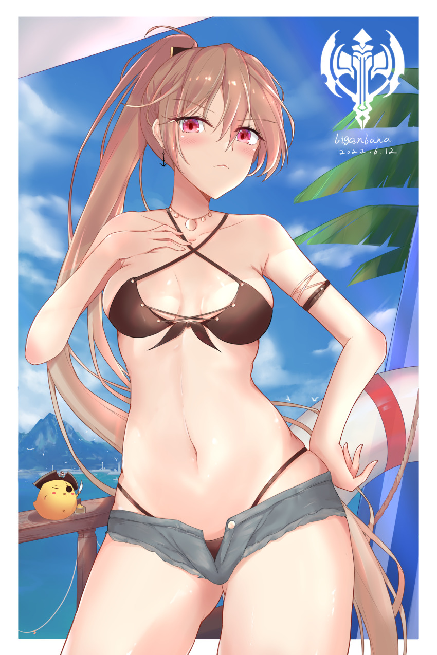 1girl absurdres anchor_earrings artist_name azur_lane biganbanani bikini bikini_under_clothes breasts brown_bikini cross-laced_bikini cross-laced_clothes cross-laced_one-piece_swimsuit cutoff_jeans cutoffs dated day earrings eyepatch hat high_ponytail highres jean_bart_(azur_lane) jean_bart_(private_apres_midi)_(azur_lane) jewelry light_brown_hair long_hair looking_at_viewer manjuu_(azur_lane) micro_shorts navel official_alternate_costume open_clothes open_shorts outdoors pirate_hat ponytail purple_eyes shorts small_breasts solo stomach swimsuit very_long_hair vichya_dominion_(emblem) white_innertube