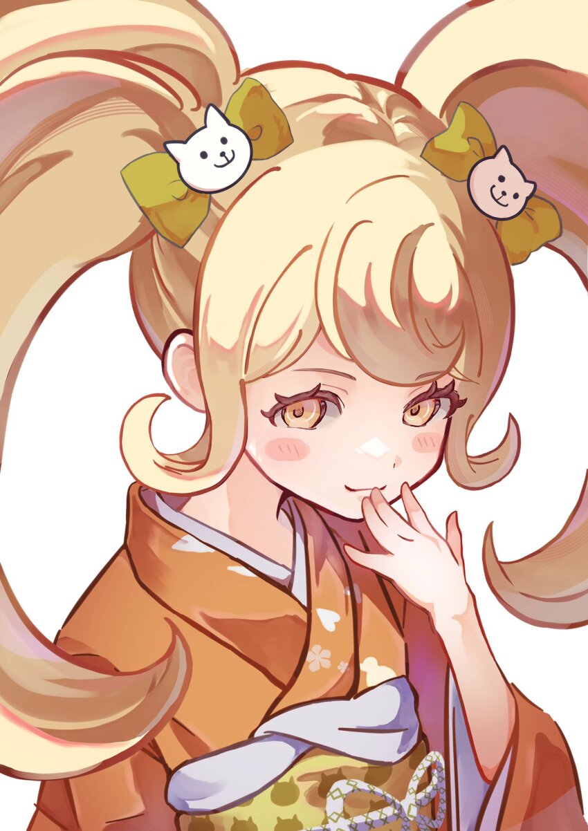 1girl blonde_hair bow cat_hair_ornament danganronpa_(series) danganronpa_2:_goodbye_despair hair_bow hair_ornament highres japanese_clothes k53s30 kimono long_hair long_sleeves looking_at_viewer obi orange_kimono saionji_hiyoko sash smile solo twintails