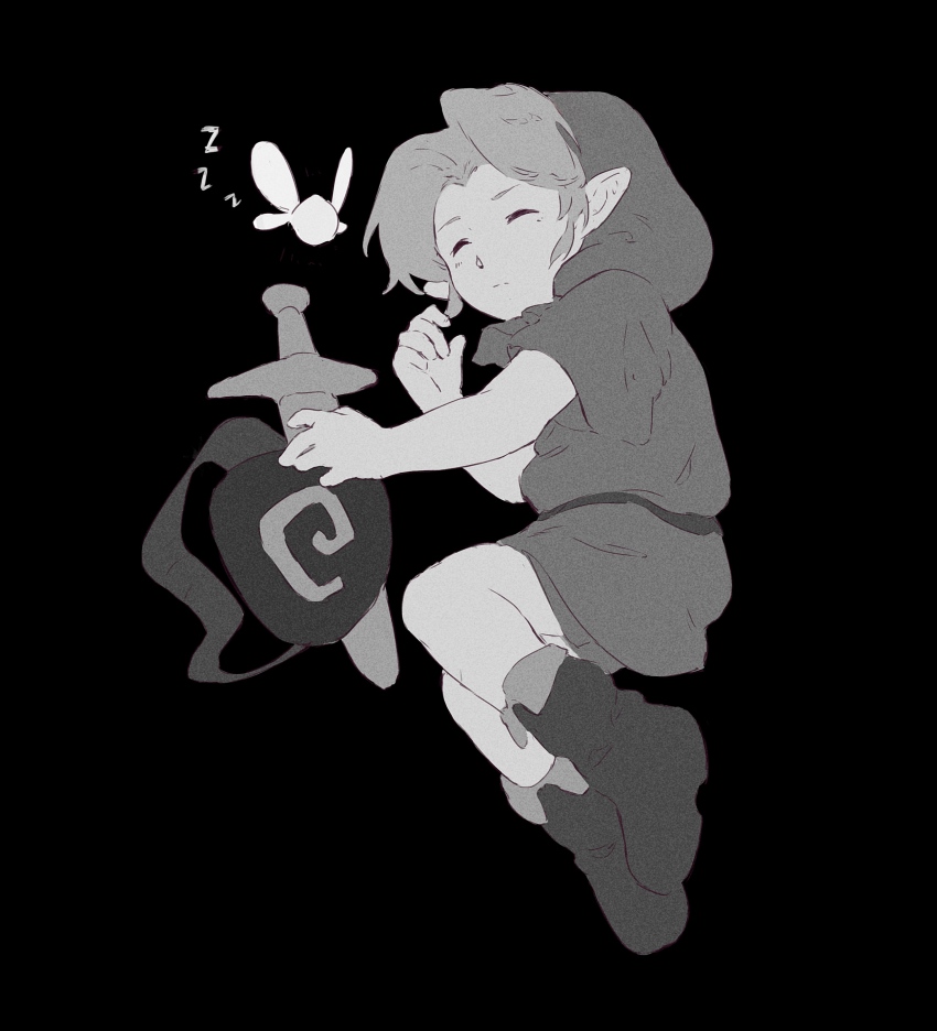 1boy absurdres belt black_background boots closed_eyes closed_mouth deku_shield full_body hat highres link lying male_focus navi nintendo on_side pointy_ears ricmoo3 shield short_hair short_sleeves simple_background sleeping the_legend_of_zelda the_legend_of_zelda:_ocarina_of_time tunic young_link zzz