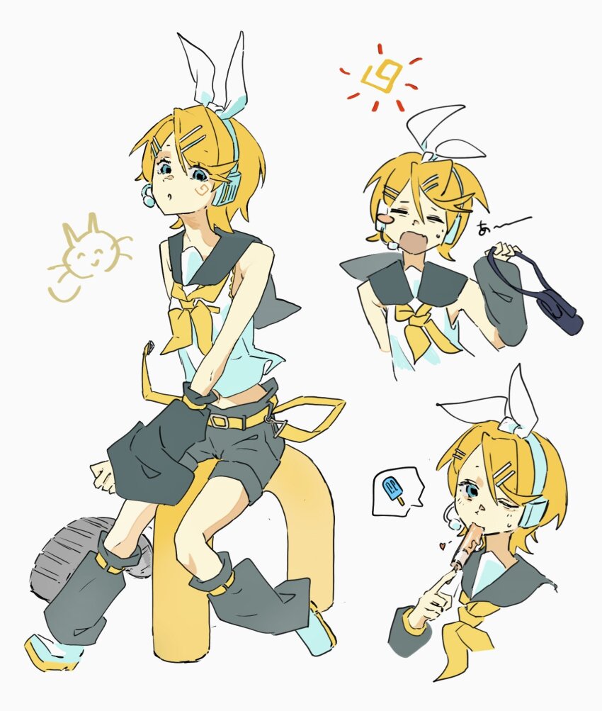 1girl =_= bag bags_under_eyes bare_shoulders belt blush_stickers bow crop_top eating food grey_leg_warmers grey_sailor_collar grey_shorts grey_sleeves hair_bow hair_ornament hairclip headphones headset highres holding holding_bag holding_food holding_popsicle kagamine_rin leg_warmers looking_at_viewer midriff multiple_views navel neckerchief one_eye_closed popsicle sailor_collar shirt short_hair shorts single_blush_sticker sitting skinny sleepy sleeveless sleeveless_shirt solo spiral_cheeks sweatdrop swept_bangs vocaloid white_bow white_sneakers wide_sleeves yawning yellow_belt yellow_neckerchief z_z00a