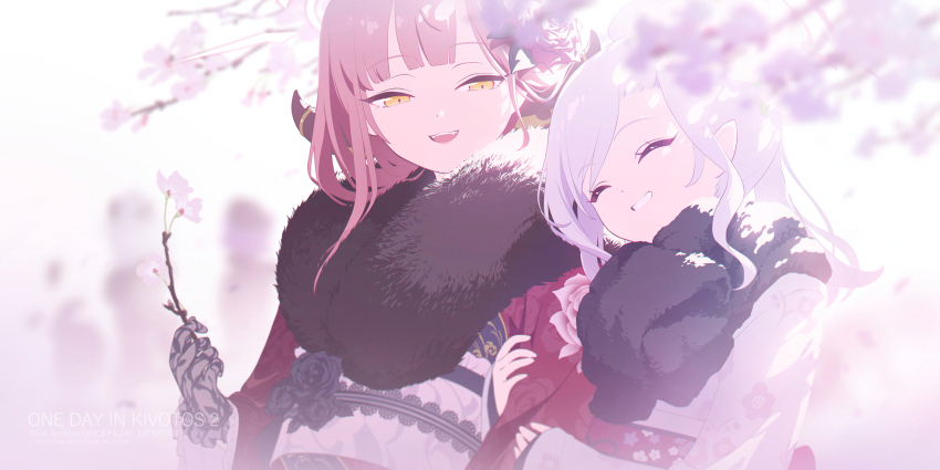 2girls ^_^ arm_hug aru_(blue_archive) aru_(new_year)_(blue_archive) black_shawl blue_archive blurry blush branch cherry_blossoms closed_eyes commentary_request demon_horns depth_of_field floral_print fur_shawl furisode gloves hennnachoco highres holding holding_branch horns japanese_clothes kimono lace lace_gloves leaning_on_person multiple_girls mutsuki_(blue_archive) mutsuki_(new_year)_(blue_archive) obi official_alternate_costume outdoors red_kimono sash shawl smile white_kimono yuri
