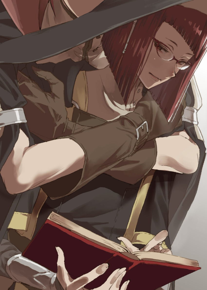1boy 1girl black_bridal_gauntlets book bridal_gauntlets diagonal_bangs fire_emblem fire_emblem_awakening hair_tubes hat highres holding holding_book laurent_(fire_emblem) miriel_(fire_emblem) mother_and_son nintendo open_book red-framed_eyewear tsujii_luki witch_hat wrist_guards