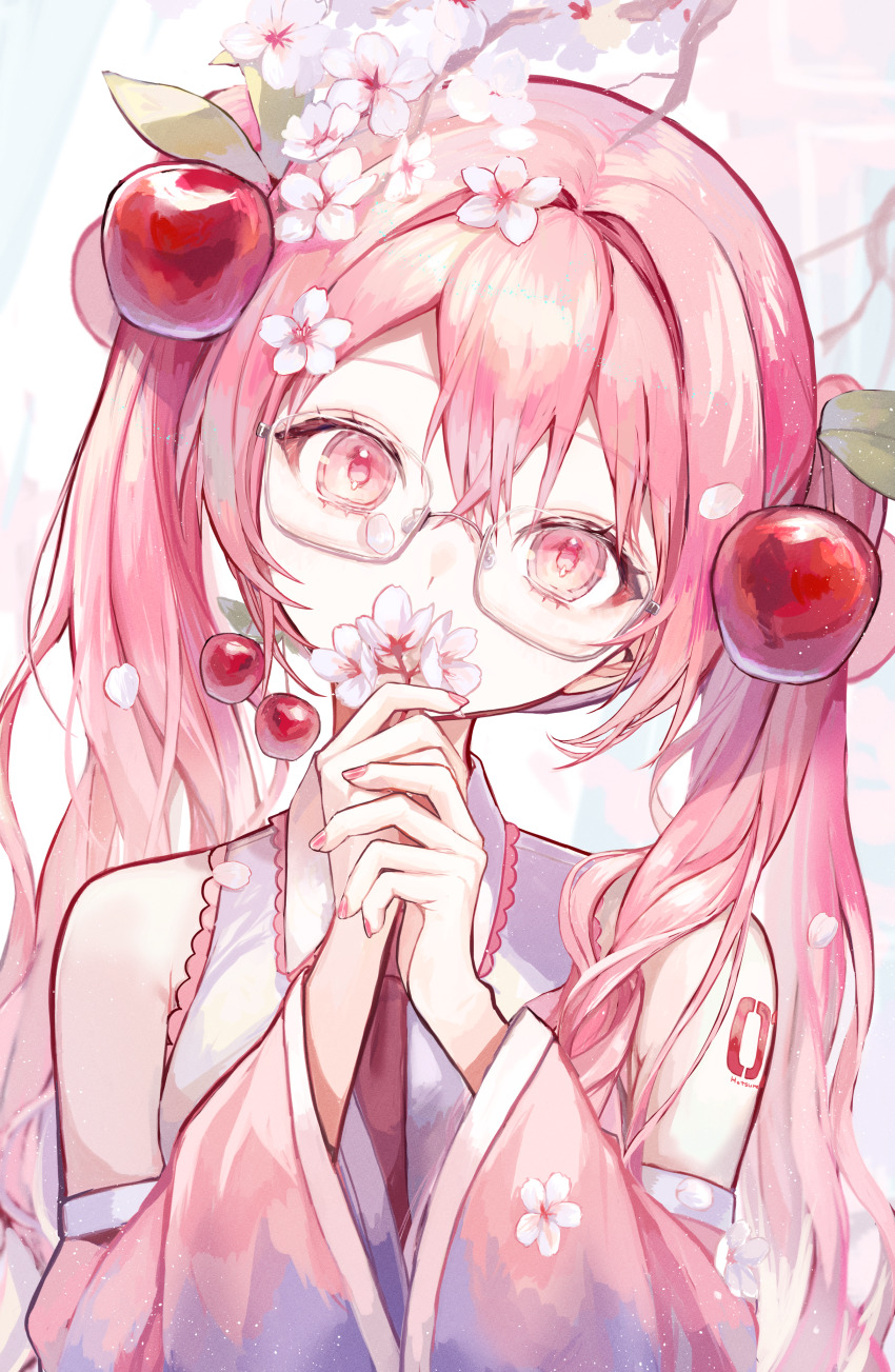 1girl absurdres armpit_crease bare_shoulders bespectacled black_necktie branch breasts cherry cherry_blossoms cherry_hair_ornament collared_shirt commentary detached_sleeves double-parted_bangs flower food food-themed_hair_ornament fruit glasses hair_between_eyes hair_flower hair_intakes hair_ornament hair_over_shoulder hands_up hatsune_miku head_tilt highres holding holding_flower long_hair looking_at_viewer nail_polish necktie outdoors own_hands_together petals pink_eyes pink_hair pink_nails pink_sleeves pipi_(pipinavigation) raised_eyebrows sakura_miku semi-rimless_eyewear shirt shoulder_tattoo skirt sleeveless sleeveless_shirt small_breasts solo tattoo thick_eyelashes twintails under-rim_eyewear upper_body vocaloid white_flower white_skirt wide_sleeves