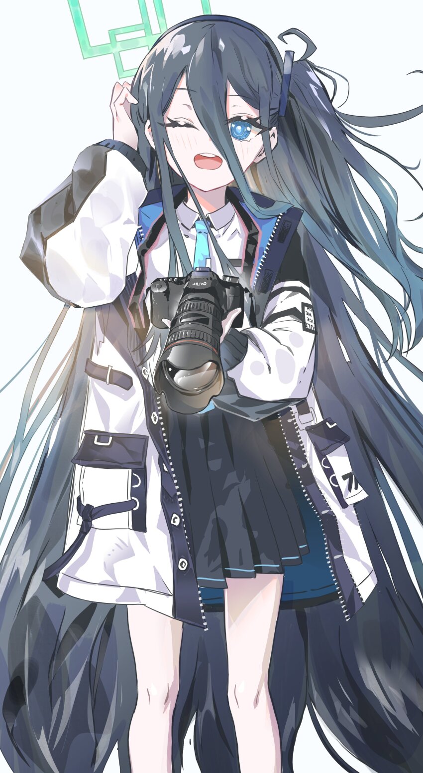 1girl absurdres adjusting_hair aris_(blue_archive) black_skirt blue_archive blue_eyes blue_necktie camera coat commentary_request eyelashes hair_between_eyes halo hand_up highres holding holding_camera legs light_blush long_hair long_hair_between_eyes long_sleeves looking_at_viewer multicolored_coat necktie one_eye_closed one_side_up open_clothes open_coat open_mouth oversized_clothes pleated_skirt pocket ryoma_(rym_369) shirt skirt smile solo teeth thighs two-tone_coat upper_teeth_only very_long_hair white_background white_shirt wing_collar zipper