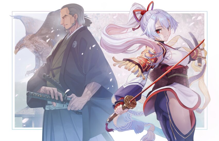 1boy 1girl aora battoujutsu_stance beard bird blue_hakama breasts closed_eyes detached_sleeves facial_hair fate/grand_order fate_(series) fighting_stance grey_hair hakama hakama_pants haori hawk highres holding holding_sword holding_weapon japanese_clothes katana kikkoumon kimono large_breasts long_hair long_sleeves looking_at_viewer menuki obi old old_man pants parody ponytail ready_to_draw red_eyes revision sash sheath sheathed short_hair short_kimono side_slit smile style_parody sword takeuchi_takashi_(style) tomoe_gozen_(fate) wakizashi weapon white_hair white_kimono wide_sleeves yagyuu_munenori_(fate)