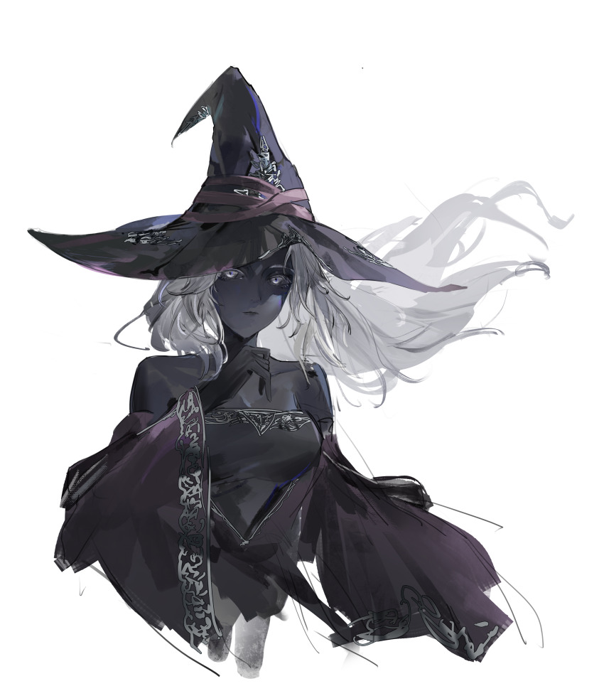 1girl absurdres bare_shoulders black_dress breasts closed_mouth collarbone commentary dark-skinned_female dark_skin dress elden_ring elden_ring_nightreign flantia hat highres large_hat long_hair looking_at_viewer medium_breasts off-shoulder_dress off_shoulder purple_hat purple_sleeves recluse_(elden_ring) simple_background solo transparent_background upper_body very_dark_skin white_eyes white_hair witch witch_hat wooden_staff