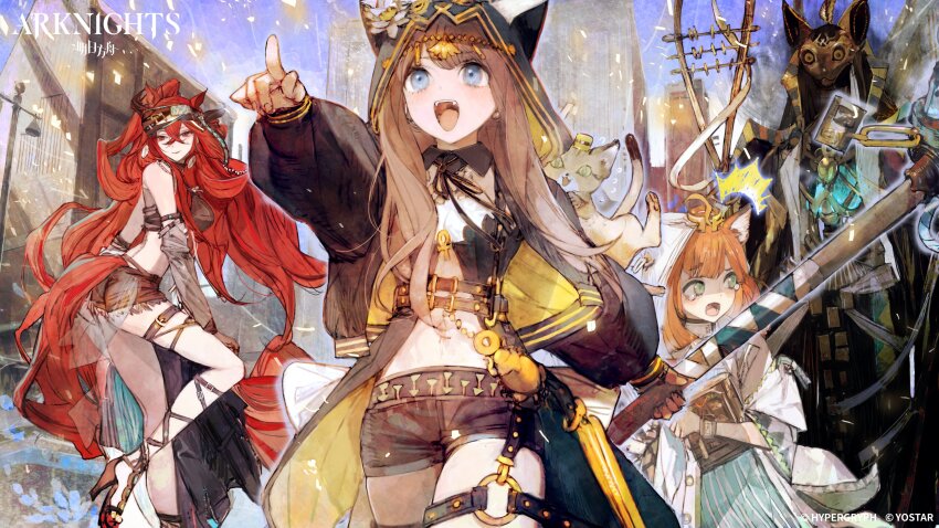 3girls absurdres animal_ears arknights black_jacket black_shorts blue_eyes brown_hair cat cat_ears copyright_name dress green_eyes hammer highres holding holding_hammer hood hooded_jacket horse_ears horse_girl jacket long_hair long_sleeves midriff multiple_girls narantuya_(arknights) navel official_art open_mouth orange_hair papyrus_(arknights) pepe_(arknights) red_eyes red_hair short_shorts shorts smile toi8 white_dress zubayr_(arknights)