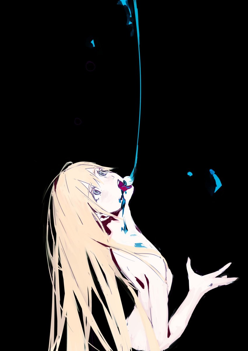1girl absurdres arched_back bad_id bad_twitter_id black_background blonde_hair eyeball female_focus from_above from_side grey_eyes hair_between_eyes highres licking licking_eye long_hair messy nude open_mouth original outstretched_hand ozyako simple_background solo upper_body