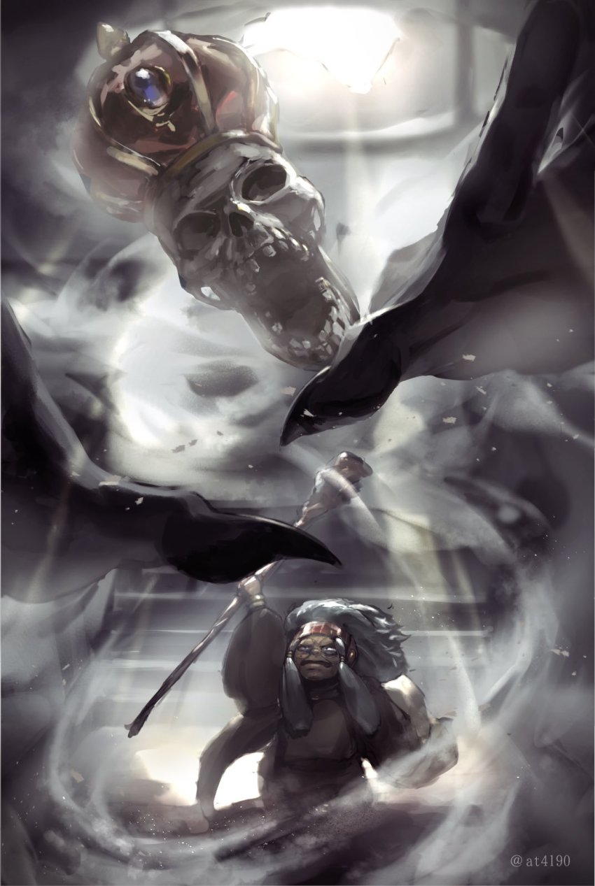1girl artist_name black_eyes brown_robe crown enya_geil full_body highres holding holding_staff jojo_no_kimyou_na_bouken justice_(stand) long_hair long_sleeves old old_woman open_mouth robe skull solo staff stairs stand_(jojo) standing stardust_crusaders white_hair zouhyou_(at4190)