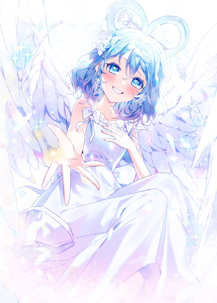 1girl absurdres blue_eyes blue_hair bow collarbone eyelashes feathers grin hair_between_eyes hair_ornament hair_rings hair_stick hand_on_own_chest highres it_po_(sss_cmy) kaku_seiga looking_at_viewer reaching reaching_towards_viewer short_hair smile solo touhou white_bow white_feathers white_wings wings