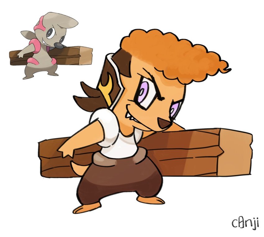 animalization artist_name blue_eyes brown_hair brown_pants c0nmeat commentary danganronpa:_trigger_happy_havoc danganronpa_(series) gen_5_pokemon grin holding looking_at_viewer multicolored_hair nintendo no_humans orange_hair owada_mondo pants pokemon pokemon_(creature) pompadour sharp_teeth shirt smile standing teeth timburr two-tone_hair white_shirt wooden_beam