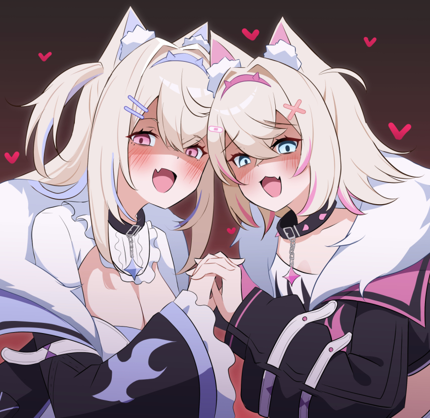 2girls animal_ear_fluff animal_ears black_collar black_jacket blonde_hair blue_hair blush breasts cleavage collar dog_ears dog_girl dress fang fur-trimmed_jacket fur_trim fuwawa_abyssgard fuwawa_abyssgard_(1st_costume) hair_ornament hairpin heart highres hololive hololive_english interlocked_fingers jacket kokonahizuru long_hair looking_at_viewer medium_hair mococo_abyssgard mococo_abyssgard_(1st_costume) multicolored_hair multiple_girls open_mouth pink_hair shirt siblings sisters skin_fang smile spiked_collar spikes streaked_hair twins two_side_up virtual_youtuber white_dress white_shirt x_hair_ornament