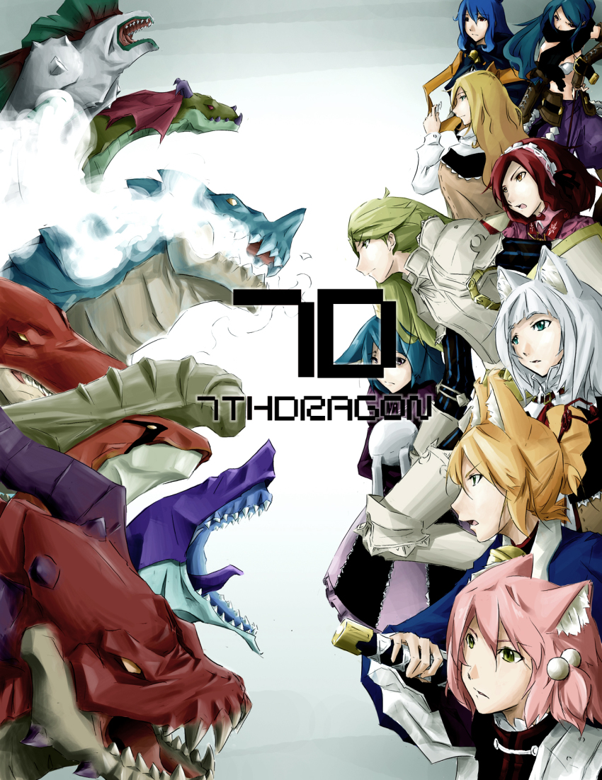 6+girls 7th_dragon 7th_dragon_(series) aitelle aiteru animal_ears armor atlus bad_id bad_pixiv_id blonde_hair blue_hair dragon dress fighter_(7th_dragon) green_hair hairband harukara_(7th_dragon) healer_(7th_dragon) highres ikurakun_(7th_dragon) irena kate_(7th_dragon) knight_(7th_dragon) long_hair mage_(7th_dragon) melk_(7th_dragon) momomeno_(7th_dragon) multiple_girls namuna_(7th_dragon) parody persona persona_3 pink_hair princess_(7th_dragon) rogue_(7th_dragon) rosary_(7th_dragon) samurai_(7th_dragon) shield short_hair stuffed_animal stuffed_toy vanessa_(7th_dragon)