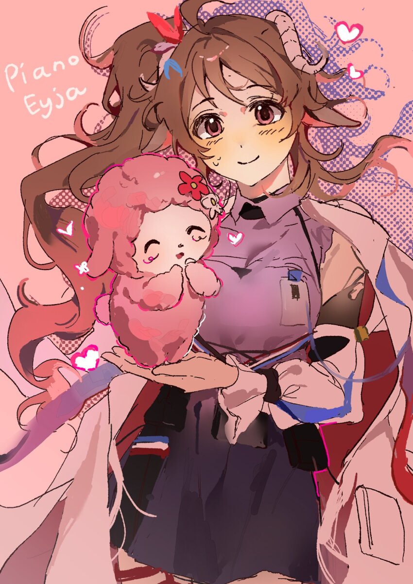 1girl aehobakjeon arknights black_skirt blush brown_hair coat coat_on_shoulders collared_shirt cowboy_shot eyjafjalla_(arknights) eyjafjalla_the_hvit_aska_(arknights) highres holding_sheep long_hair pink_background pink_coat pink_eyes pink_shirt shirt side_ponytail simple_background skirt solo