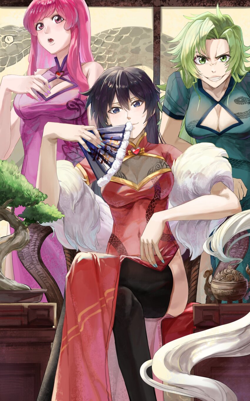 3girls alternate_costume aqua_nails architecture bambietta_basterbine black_hair bleach bleach:_sennen_kessen-hen blue_eyes blush bonsai breasts candice_catnipp china_dress chinese_clothes chinese_zodiac cleavage cleavage_cutout closed_mouth clothing_cutout commentary covered_navel crossed_legs curvy deadman70232800 dress east_asian_architecture evil_grin evil_smile eyelashes fang feet_out_of_frame flipped_hair folding_fan green_dress green_eyes green_hair grin hair_between_eyes hand_fan hand_up heart-shaped_ornament highres hip_vent holding holding_fan indoors large_breasts long_hair looking_at_viewer meninas_mcallon multiple_girls nail_polish open_mouth pink_dress pink_eyes pink_hair pink_nails print_dress red_dress short_sleeves sitting sleeveless sleeveless_dress smile snake_print spiked_hair standing sternritter straight_hair teeth tsurime v-shaped_eyebrows year_of_the_snake