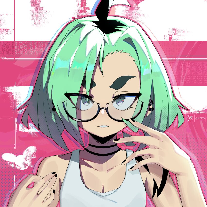 1girl ahoge gaze geistbox glasses green_eyes green_hair looking_at_viewer nails original pink_background shoulder_tattoo tattoo vio_(geistbox)