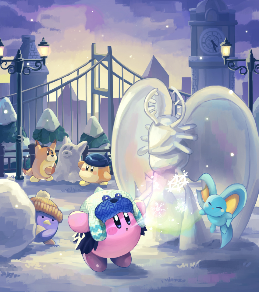 animal_ears atsuki_(atsuki_427) awoofy bandana bandana_waddle_dee blue_bandana blush_stickers bridge character_snowman clock clock_tower copy_ability corori elfilin fecto_elfilis highres ice_kirby kirby kirby_(series) kirby_and_the_forgotten_land knit_hat mouse_ears nintendo notched_ear outdoors snowflakes snowman solid_oval_eyes tower