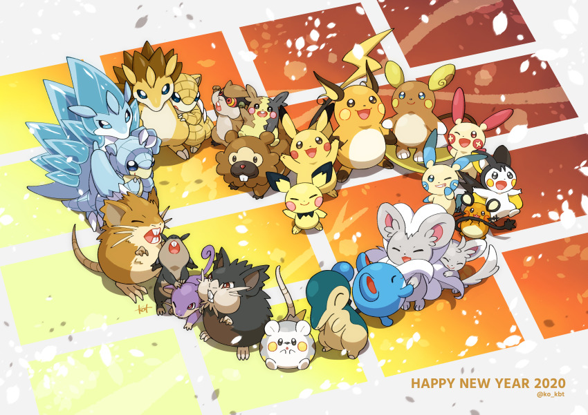 2020 :3 :d :o ;d =_= absurdres alolan_form alolan_raichu alolan_raticate alolan_rattata alolan_sandshrew alolan_sandslash animal_focus bidoof blue_eyes buck_teeth chinese_zodiac cinccino claws closed_eyes closed_mouth commentary_request cyndaquil dedenne dot_nose emolga english_text gen_1_pokemon gen_2_pokemon gen_3_pokemon gen_4_pokemon gen_5_pokemon gen_6_pokemon gen_7_pokemon gen_8_pokemon hand_on_another&#039;s_head happy_new_year heart highres holding holding_own_tail looking_up marill minccino minun morpeko morpeko_(full) nasan nengajou new_year nintendo no_humans one_eye_closed open_mouth patrat pichu pikachu plus_sign plusle pokemon pokemon_(creature) pokemon_focus pokemon_on_back raichu raticate rattata red_eyes sandshrew sandslash sitting smile standing tail teeth togedemaru twitter_username waving year_of_the_rat
