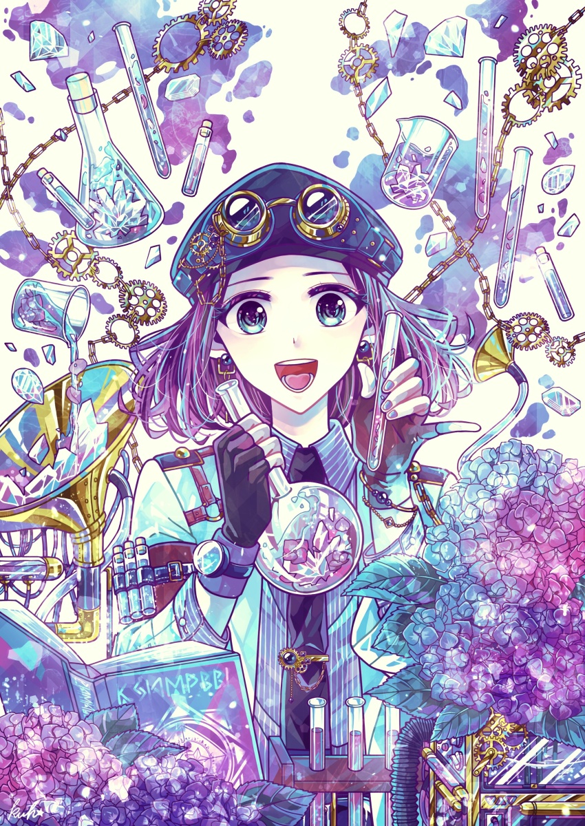 1girl :d absurdres analogous_colors aqua_eyes black_gloves black_hat black_necktie blue_nails blue_shirt bob_cut book bracelet cabbie_hat cable chain collared_shirt crystal diamond_(gemstone) earrings facing_viewer fingerless_gloves flask flower gear_hat_ornament gears gloves goggles goggles_on_headwear hat hat_ornament highres holding holding_flask holding_test_tube hydrangea jacket jewelry kuh_tapiru looking_at_object nail_polish necktie open_book open_mouth original parted_bangs phonograph pinky_out pinstripe_pattern pinstripe_shirt pouring purple_hair round-bottom_flask shards shirt short_hair sleeve_garter smile solo splatter_background straight-on test_tube test_tube_holster test_tube_rack tie_clip tube upper_body white_background white_jacket