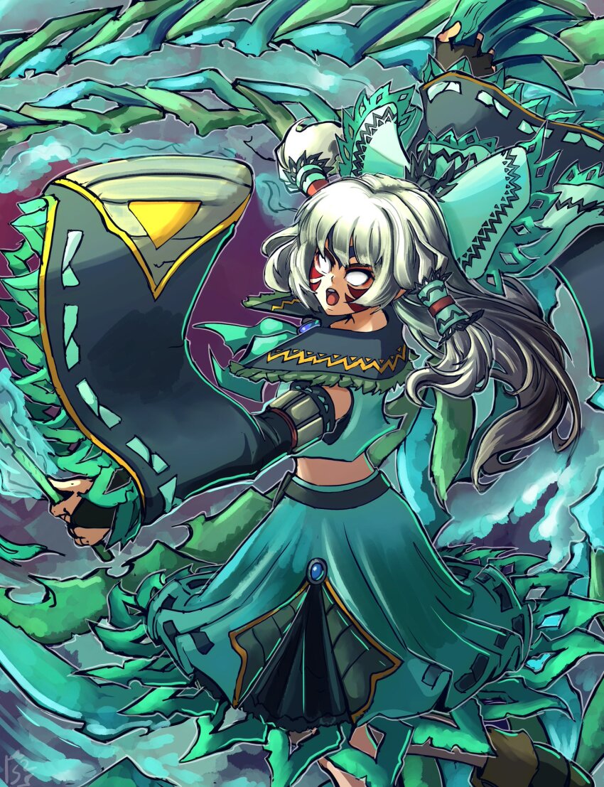 1girl alternate_color alternate_costume alternate_eye_color alternate_hair_color alternate_weapon armlet armor aura bare_shoulders blue_gemstone bow bowtie brown_footwear card chest_jewel commentary corruption crossover dark_persona detached_sleeves double_helix dress english_commentary eyeshadow facial_mark facial_tattoo fierce_deity fingerless_gloves gem gloves green_dress hakurei_reimu highres holding holding_wand holding_weapon japanese_clothes jewelry knee_up leg_up long_hair long_sleeves looking_to_the_side makeup midriff miko nintendo no_pupils open_mouth possessed possession red_eyeshadow serious stoic_seraphim tattoo the_legend_of_zelda the_legend_of_zelda:_majora&#039;s_mask touhou triangle triangle_print wand weapon white_eyes white_hair