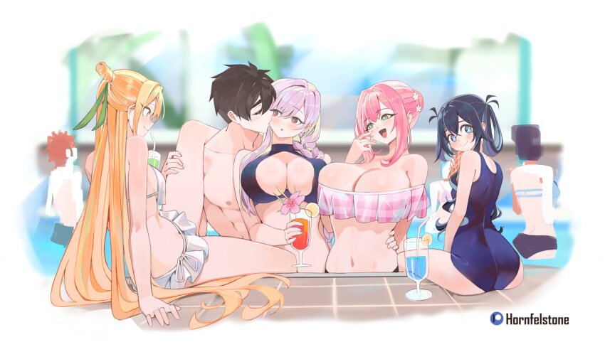 1boy 4girls :d absurdres aijou_rentarou ass bare_arms bare_shoulders bikini bikini_skirt black_hair blue_eyes blue_one-piece_swimsuit blurry blurry_background blush breasts brown_hair cleavage closed_eyes commentary cup drink drinking_glass drinking_straw eiai_nano flower folded_twintails green_eyes green_ribbon hair_bun hair_flower hair_ornament hair_ribbon hanazono_hakari harem hashtag-only_commentary hetero highres holding holding_cup hornfelstone huge_breasts inda_karane kimi_no_koto_ga_dai_dai_dai_dai_daisuki_na_100-nin_no_kanojo kiss kissing_cheek leg_on_another&#039;s_shoulder long_hair looking_at_another looking_at_viewer multiple_girls navel one-piece_swimsuit open_mouth orange_hair patreon_logo pink_hair pool red_eyes ribbon sitting small_breasts smile swimsuit tile_floor tiles very_long_hair white_bikini white_hair yellow_eyes yoshimoto_shizuka
